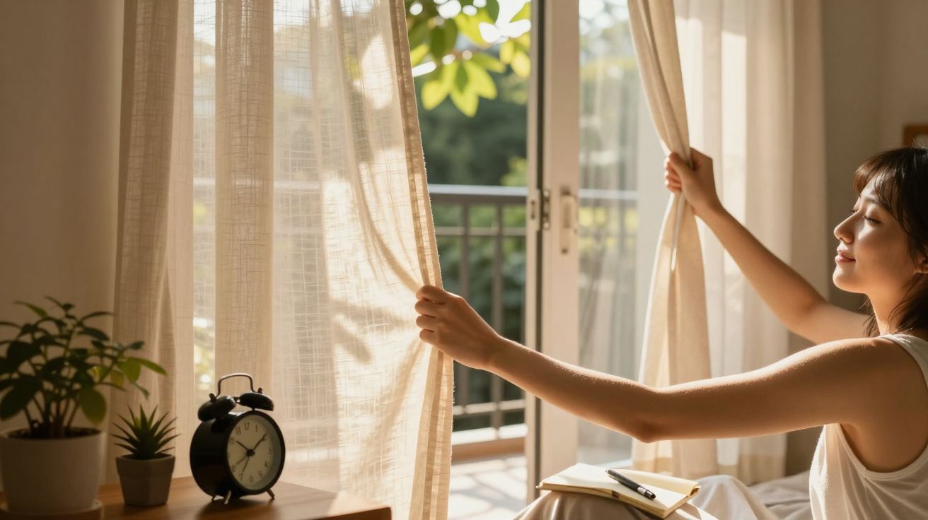 Mulher abre cortinas para a luz do sol, ao lado de plantas e um relógio despertador numa mesa, perto de uma varanda.