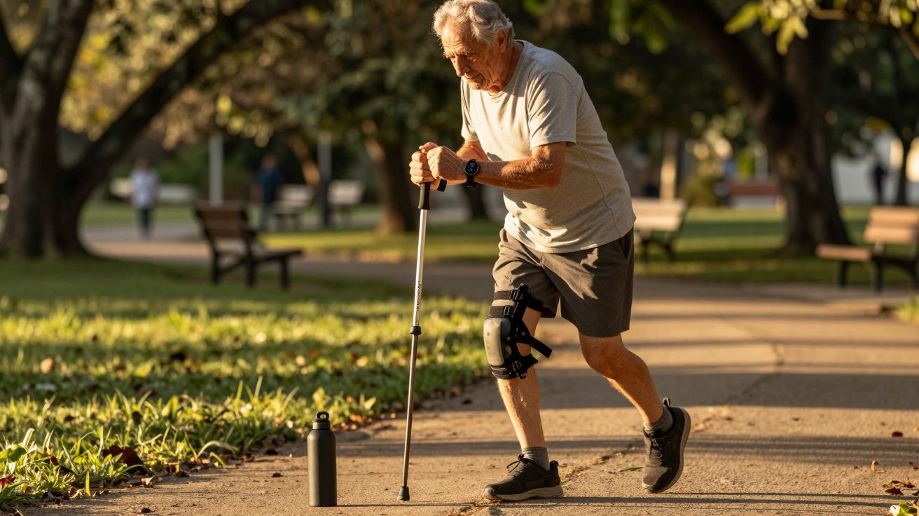 Idoso com bengala a caminhar num parque ensolarado, usando uma joelheira e roupa desportiva.