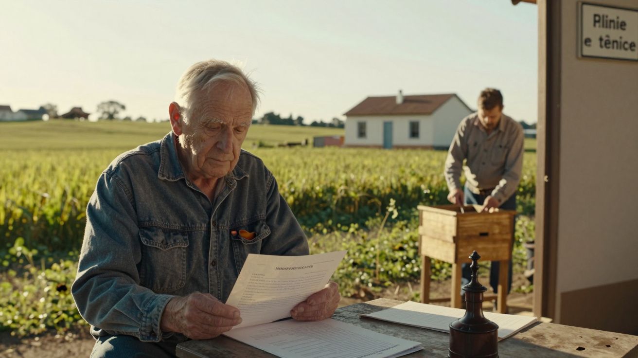 Homem idoso lê documentos numa mesa ao ar livre, com campo agrícola e pessoa ao fundo.