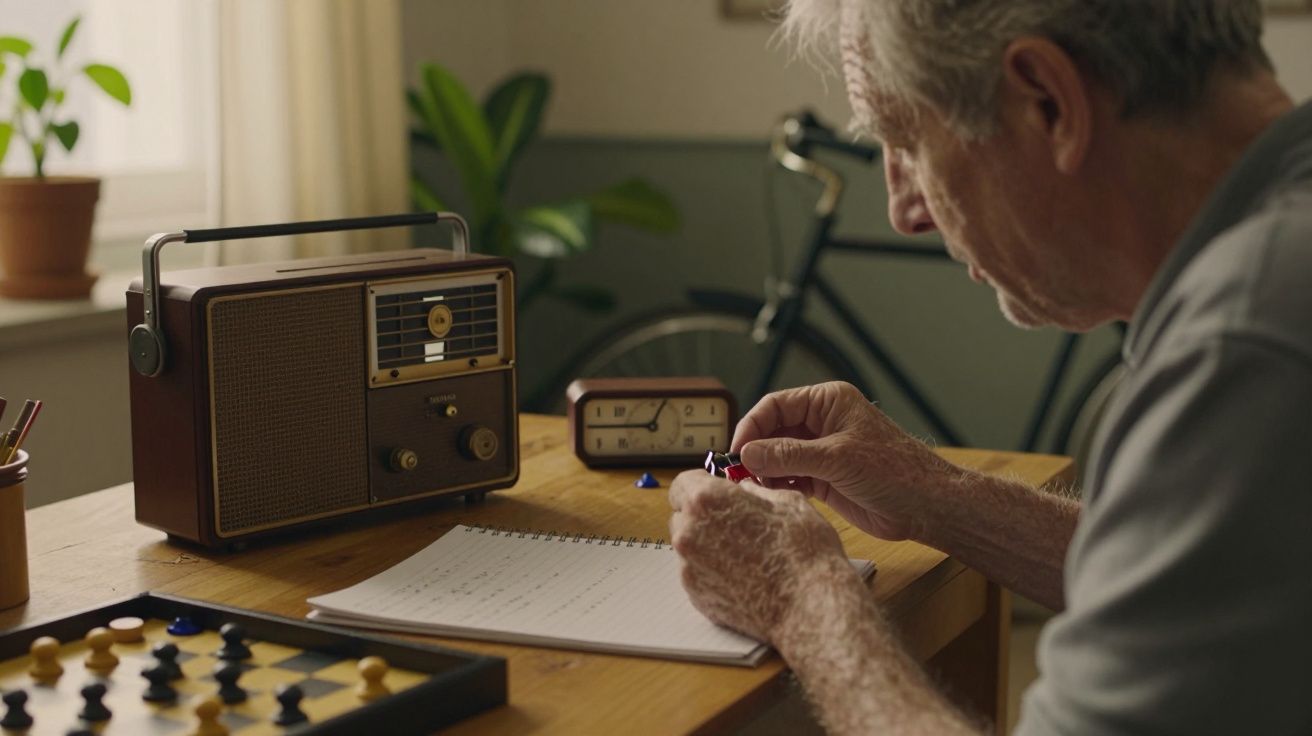 Homem idoso sentado à mesa mexendo em peças de xadrez, com um rádio antigo ao lado, numa sala arejada.