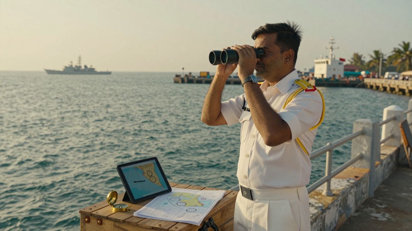 Oficial naval observa o mar com binóculos perto de um cais, ao lado de mapa e tablet; navio ao fundo.