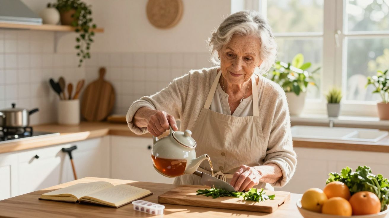 Idosa a preparar comida numa cozinha iluminada pelo sol, com chávena de chá e tabua de cortar.