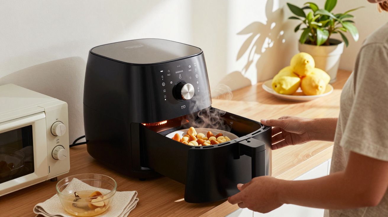 Pessoa a usar uma fritadeira de ar quente em bancada de cozinha com batatas. Micro-ondas e frutas ao fundo.