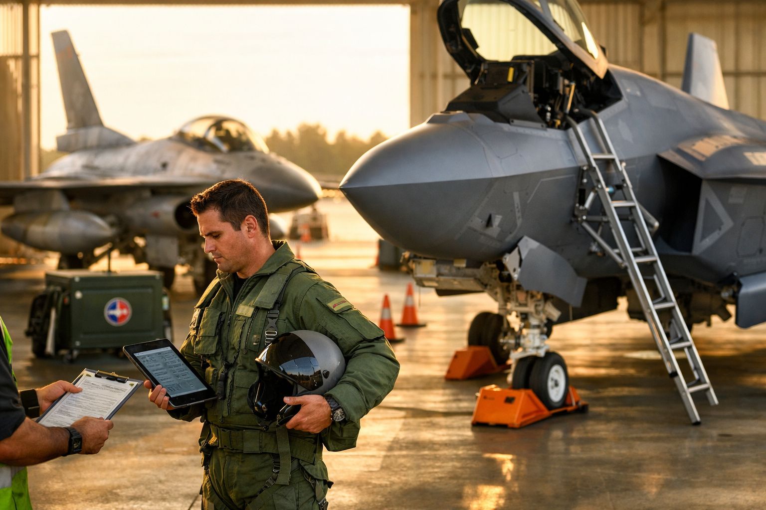 Piloto observa aviões de combate num aeroporto, com mapa e cones de sinalização no chão.