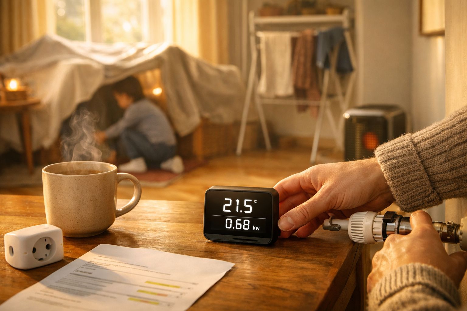 Pessoa aplica película isolante na janela com um rodo. Caixa e rolo no primeiro plano, chá e cálculo na mesa.