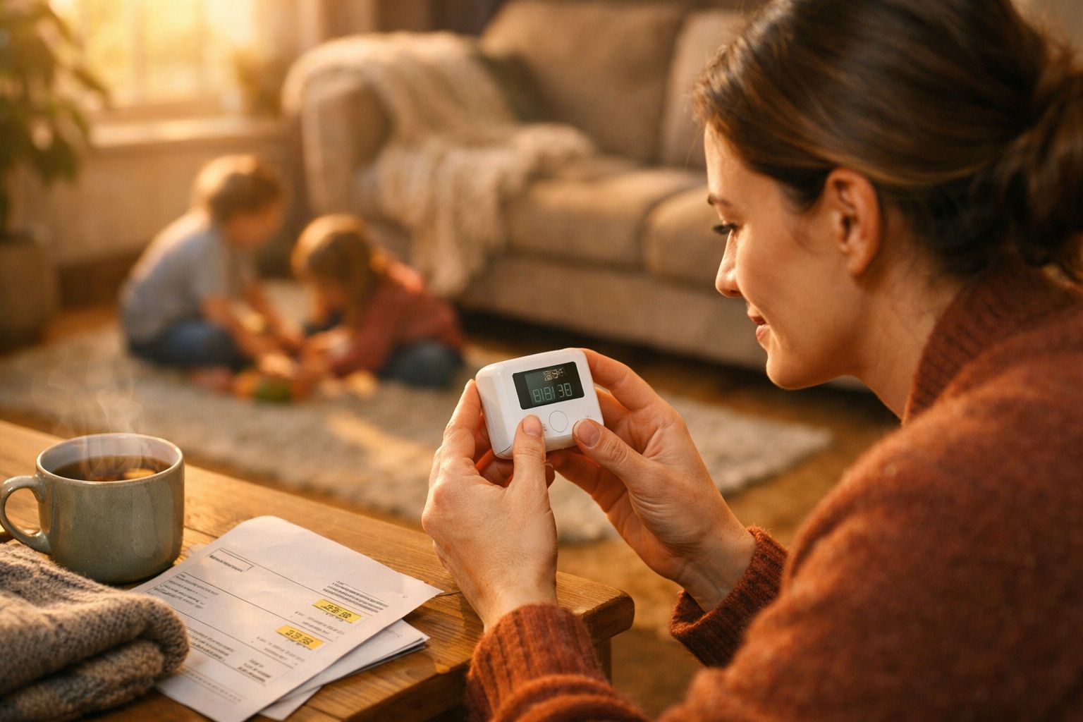 Mãos ajustam termóstato na parede. Criança coberta com manta ao fundo. Caneca de chá e fatura em cima da mesa.