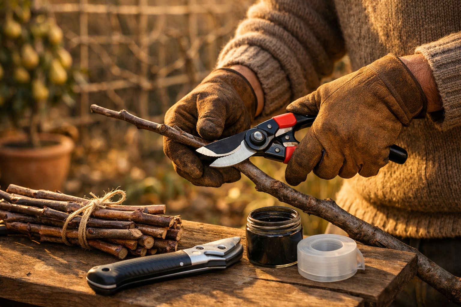 Pessoa a podar galho com tesoura de podar, ao lado de uma faca, fita adesiva e galhos amarrados.