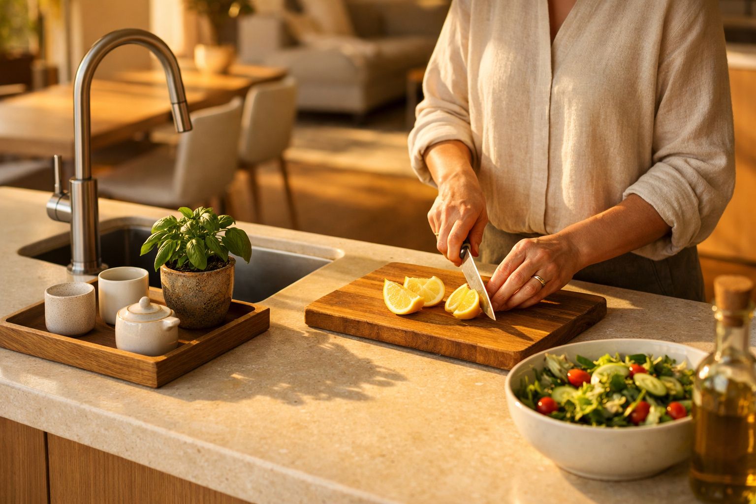 Pessoa corta limões numa cozinha ensolarada com salada ao lado.