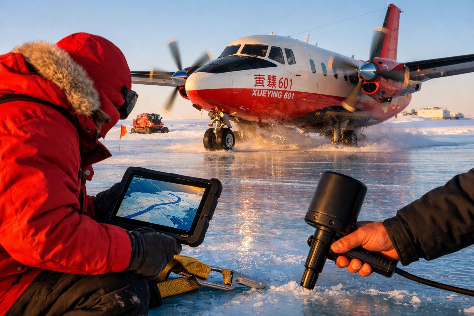 Pessoa de casaco vermelho controla drone com tablet, enquanto avião se prepara para decolar numa pista gelada.