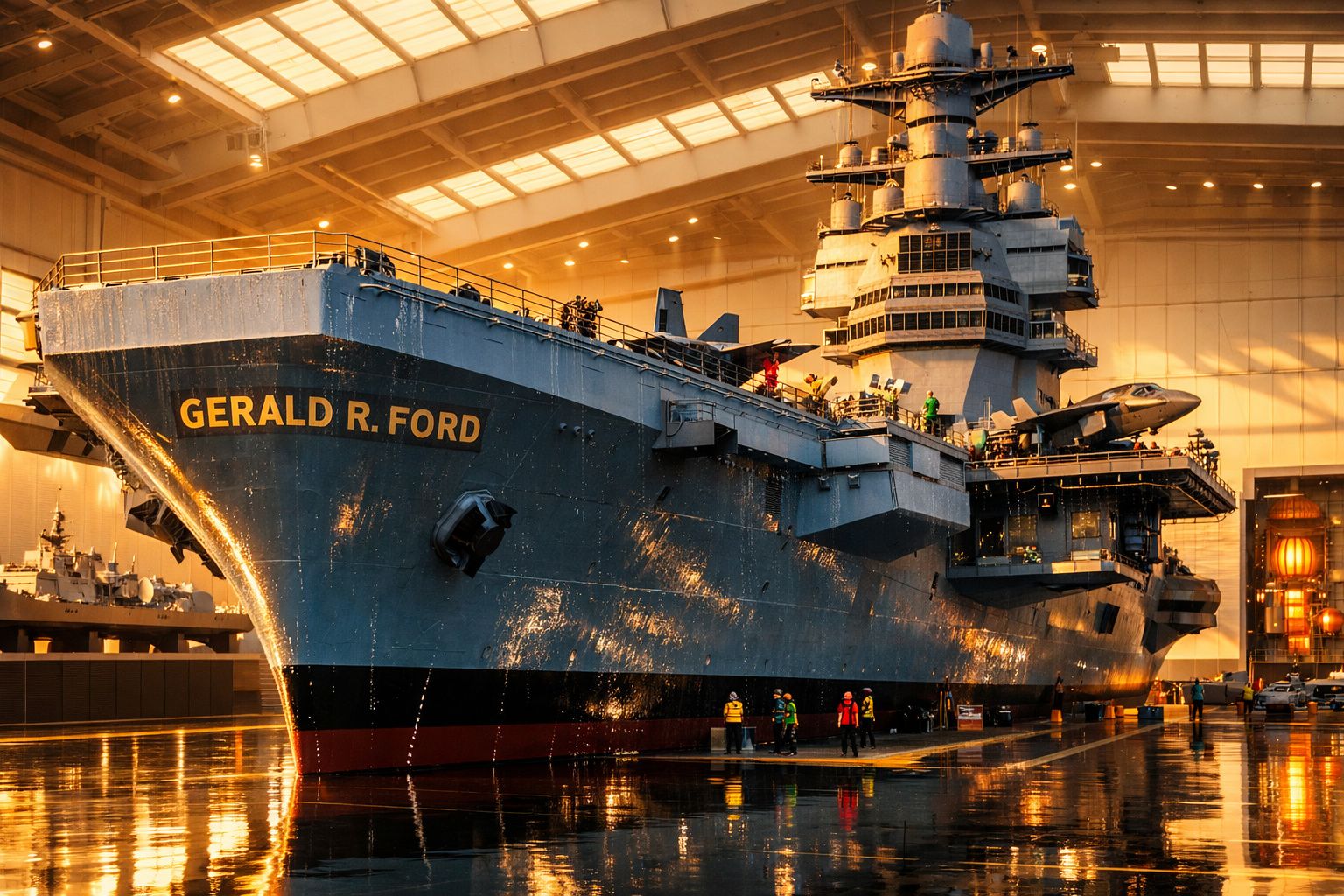 Avião militar num porta-aviões preparado para descolar, com operador em uniforme amarelo a dar instruções.