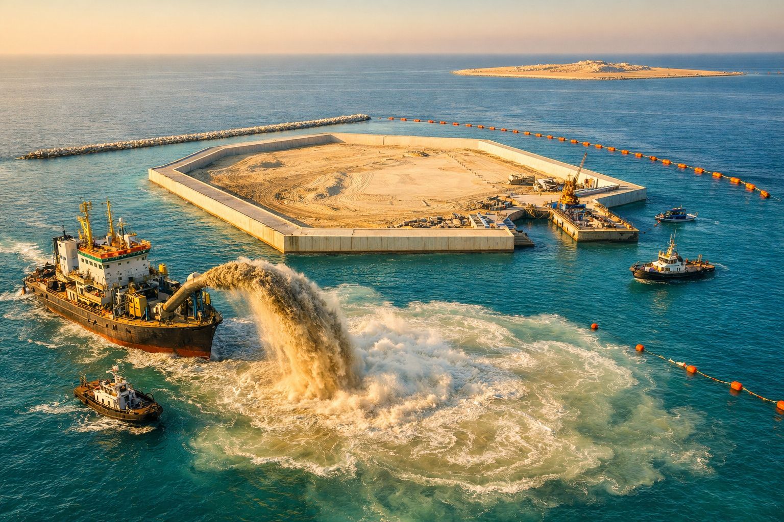 Barco movendo areia do mar para criar terra firme, com água azul e céu limpo ao fundo.