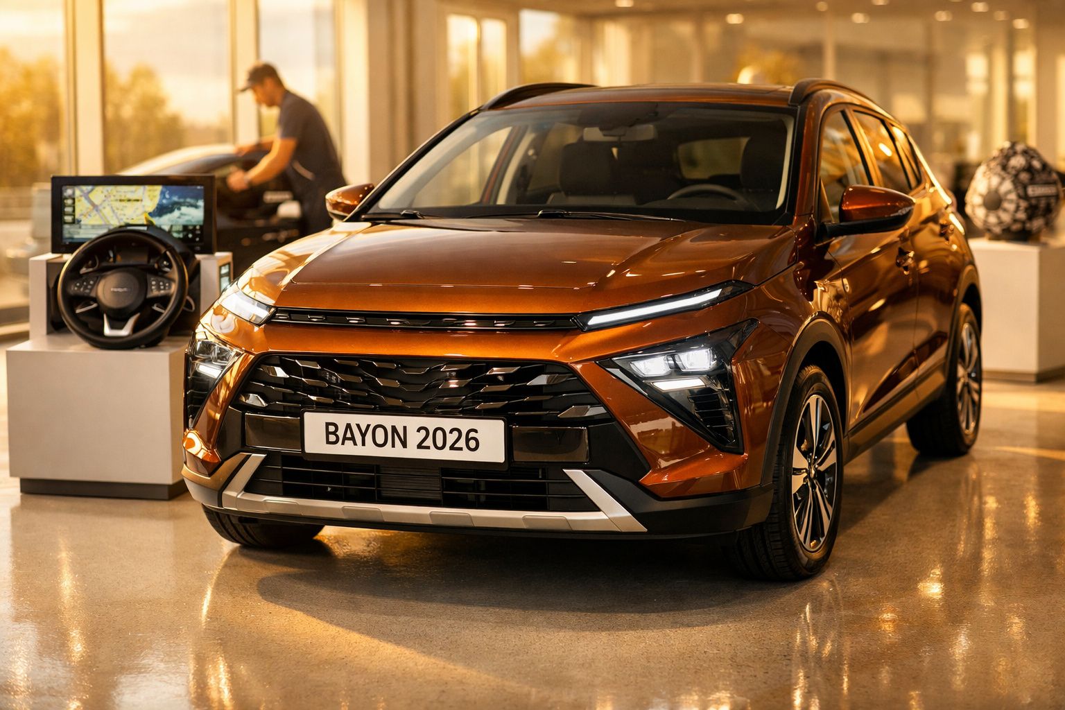 SUV Hyundai Bayon verde em exposição, iluminado pelo sol, dentro de um showroom com janelas de vidro.