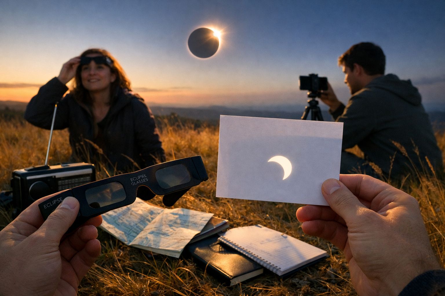 Pessoas observam um eclipse solar num campo, com óculos de proteção e fotografia da projeção do fenómeno.