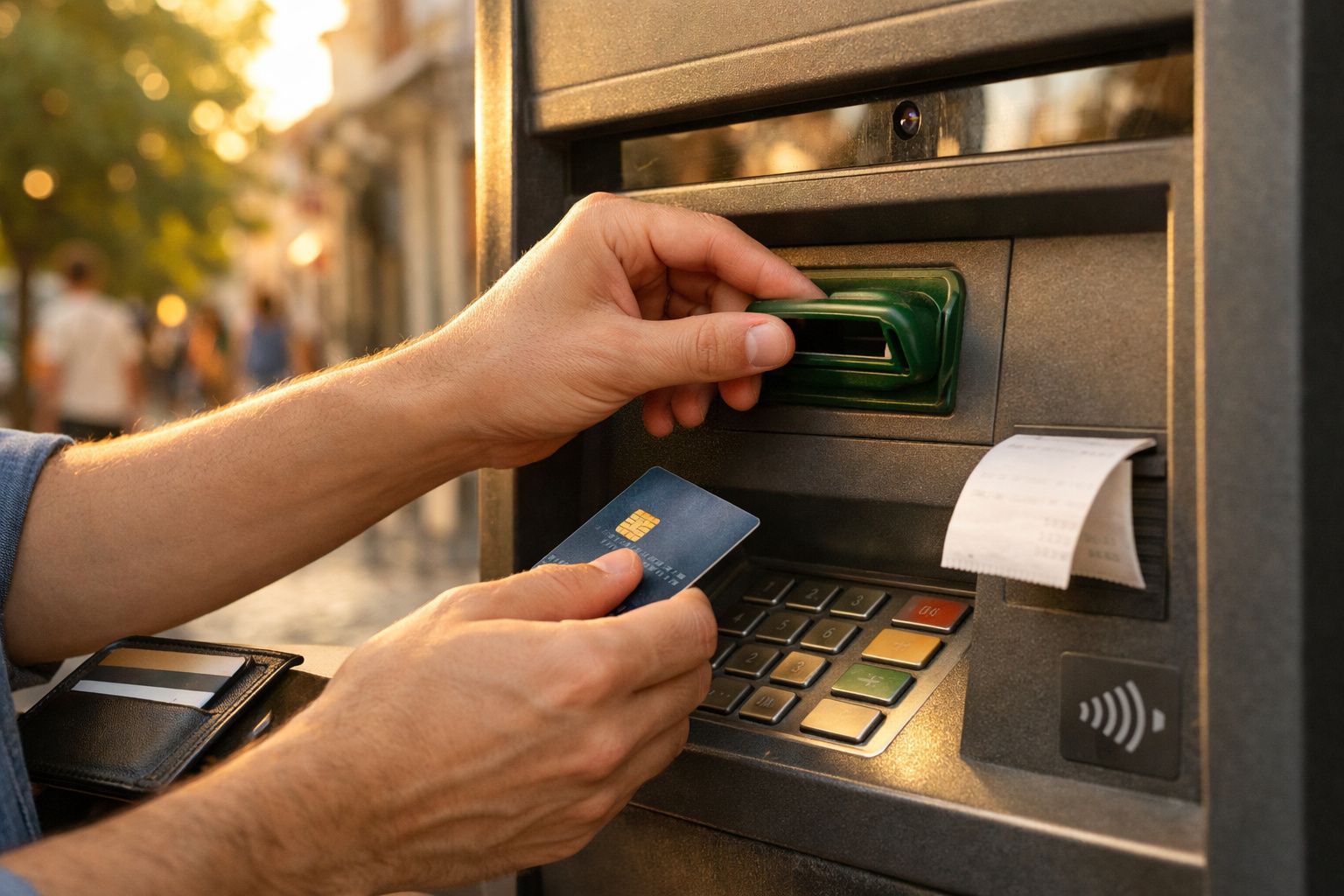 Pessoa insere cartão num multibanco ao ar livre, com sol e árvores ao fundo.