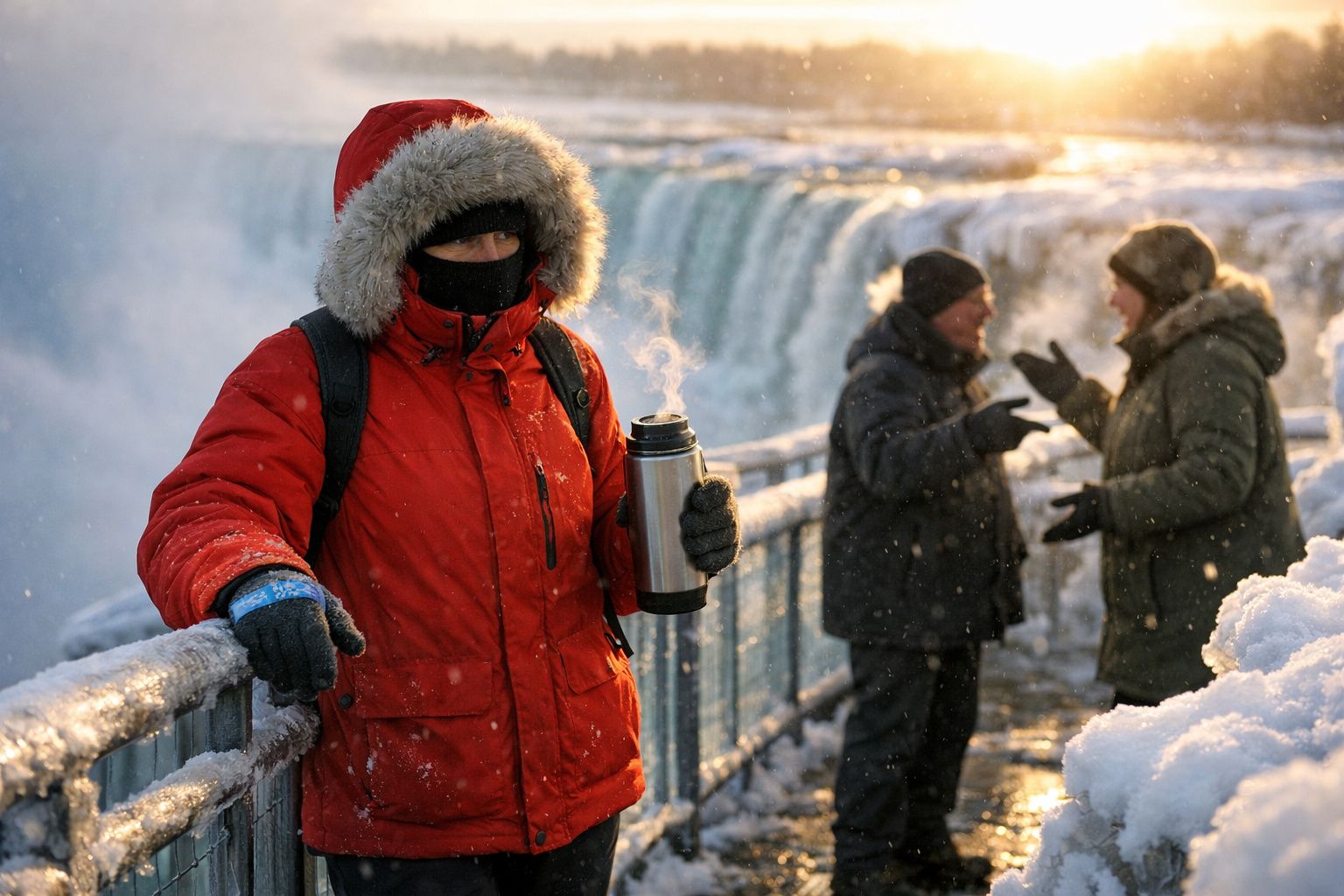 Pessoa de casaco vermelho segura termo junto a cascata nevada; duas pessoas conversam ao fundo.