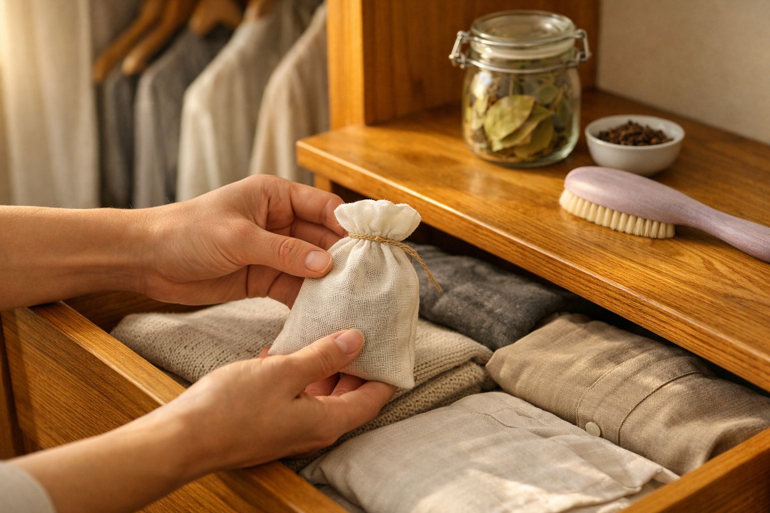 Mãos organizam gaveta com saquinho de ervas ao lado de escova, frasco e rolo de madeira, roupas dobradas.