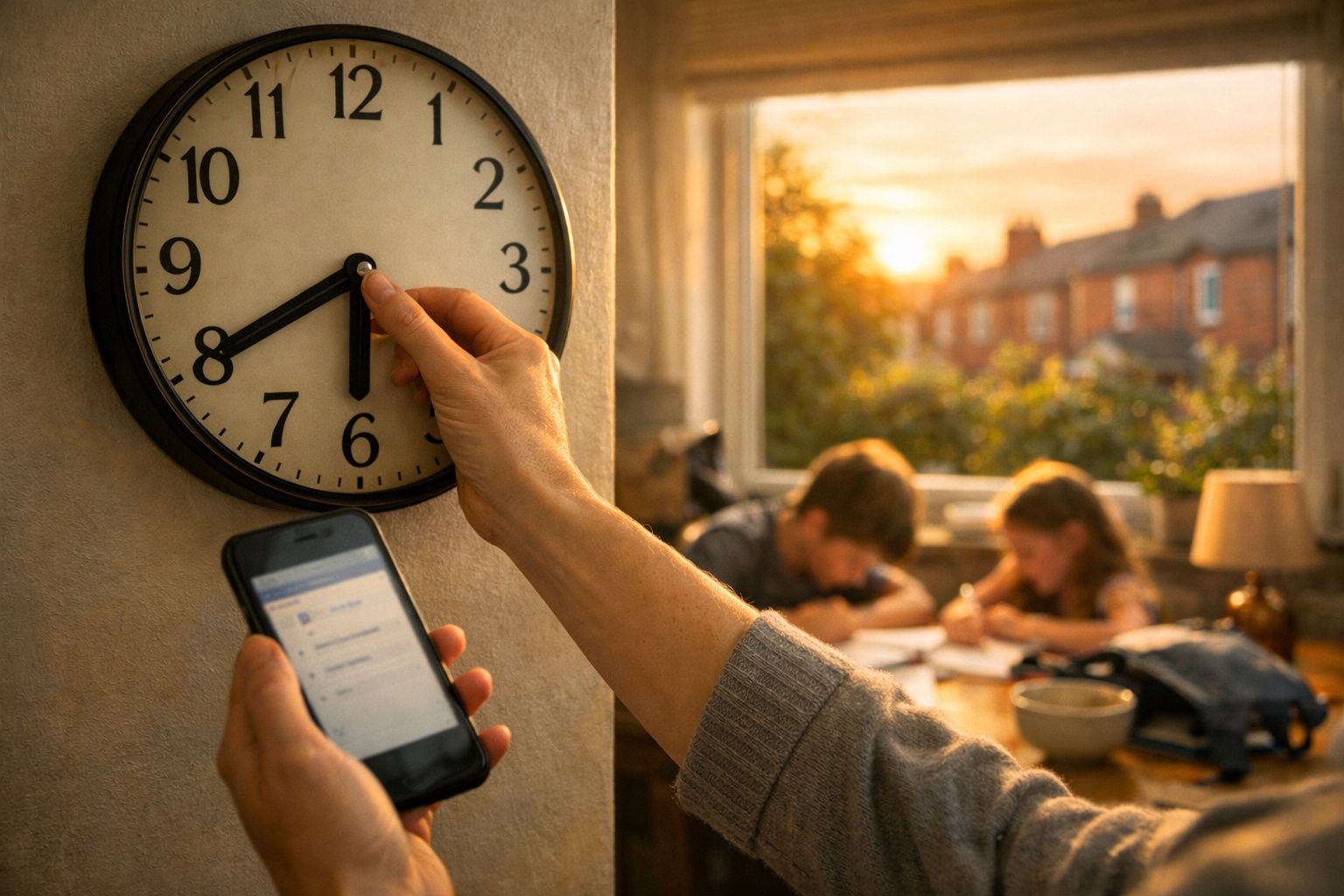 Pessoa ajusta relógio para 6:30, telefone mostra o mesmo horário, criança prepara mochila ao fundo, chá e caderno na mesa.