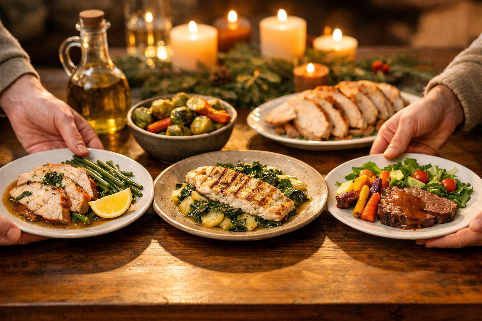 Pratos de refeição variada com carne grelhada, legumes e salada numa mesa decorada com velas acesas.