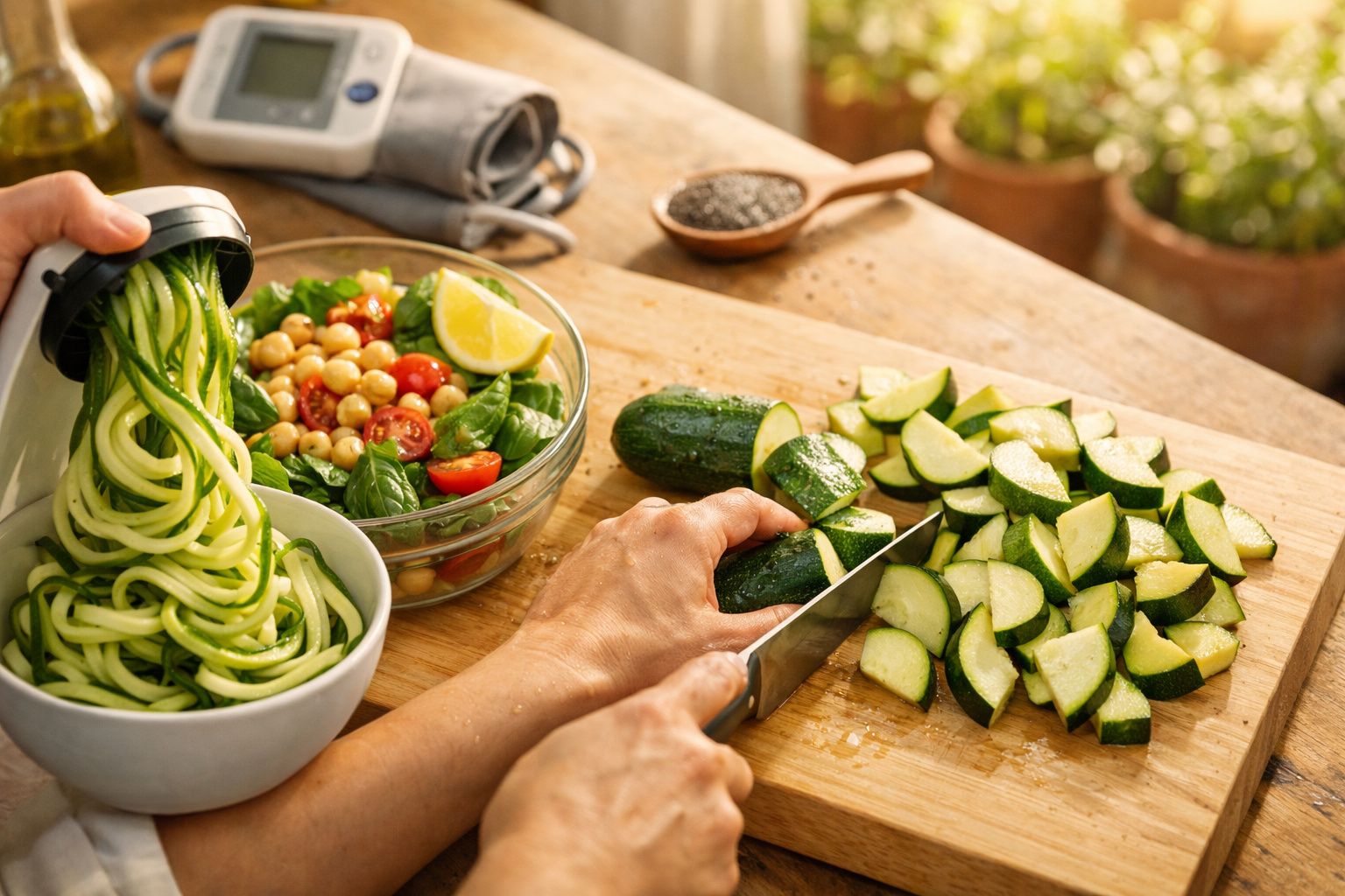 Pessoa corta curgete em rodelas e espiral enquanto prepara uma salada com grão e tomate num balcão de cozinha.