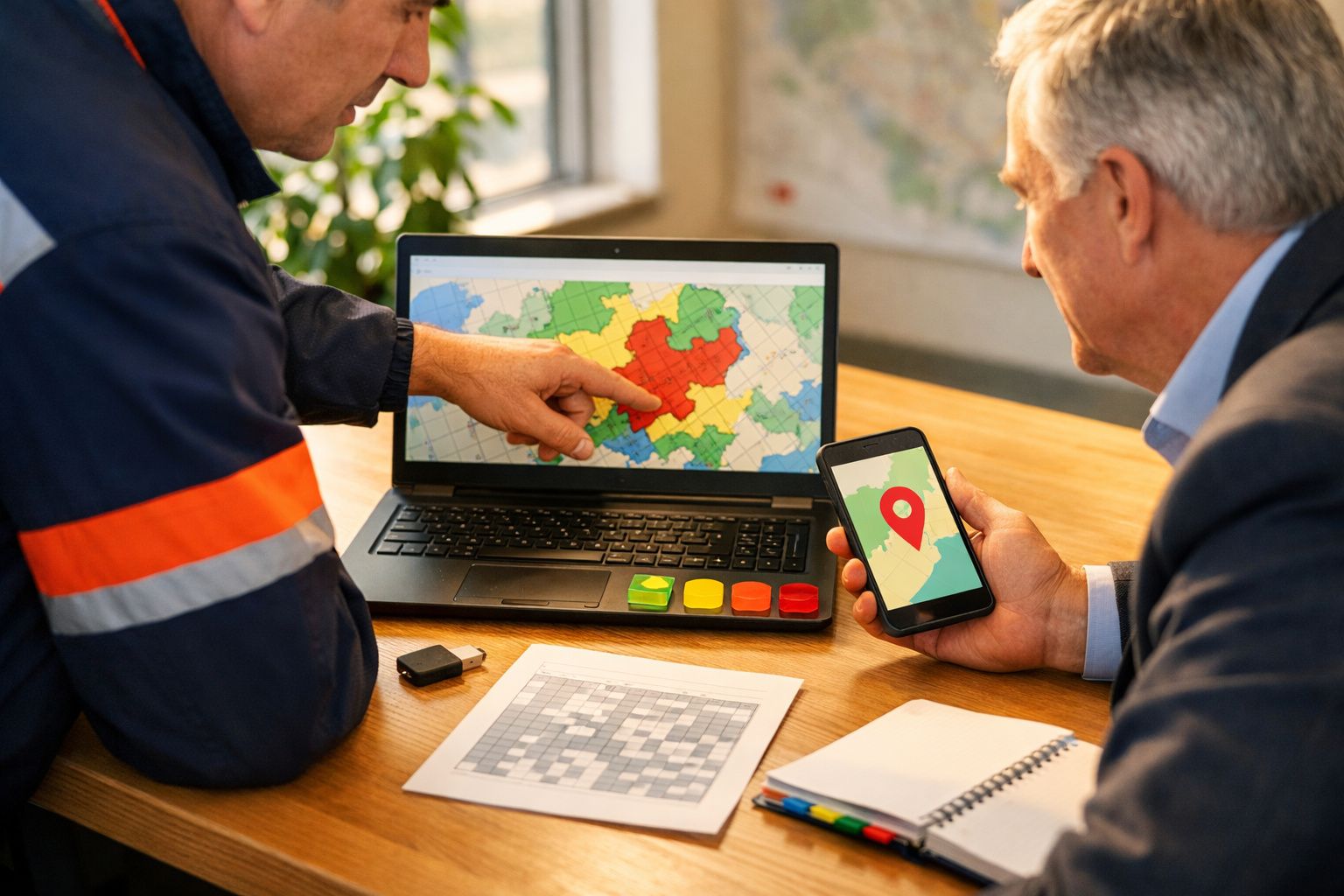 Dois homens analisam mapa no portátil e telemóvel, apontando para área destacada em vermelho.