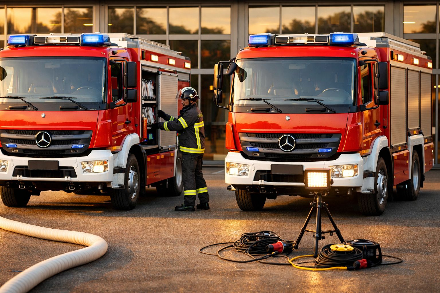 Dois camiões de bombeiros vermelhos em frente a um edifício, com um bombeiro em equipamento completo.