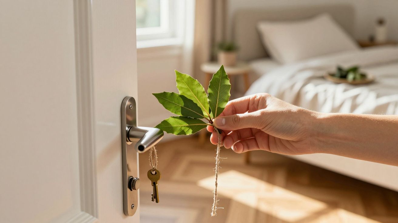 Mão segurando ramo de folhas verdes perto de porta entreaberta com chave pendurada na maçaneta, quarto ao fundo.