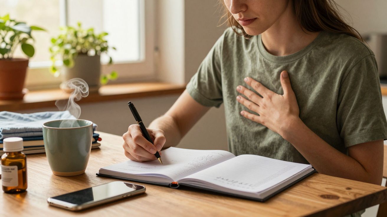Mulher a escrever num diário, sentada à mesa com chávena de chá, smartphone e frascos de medicamento ao lado.
