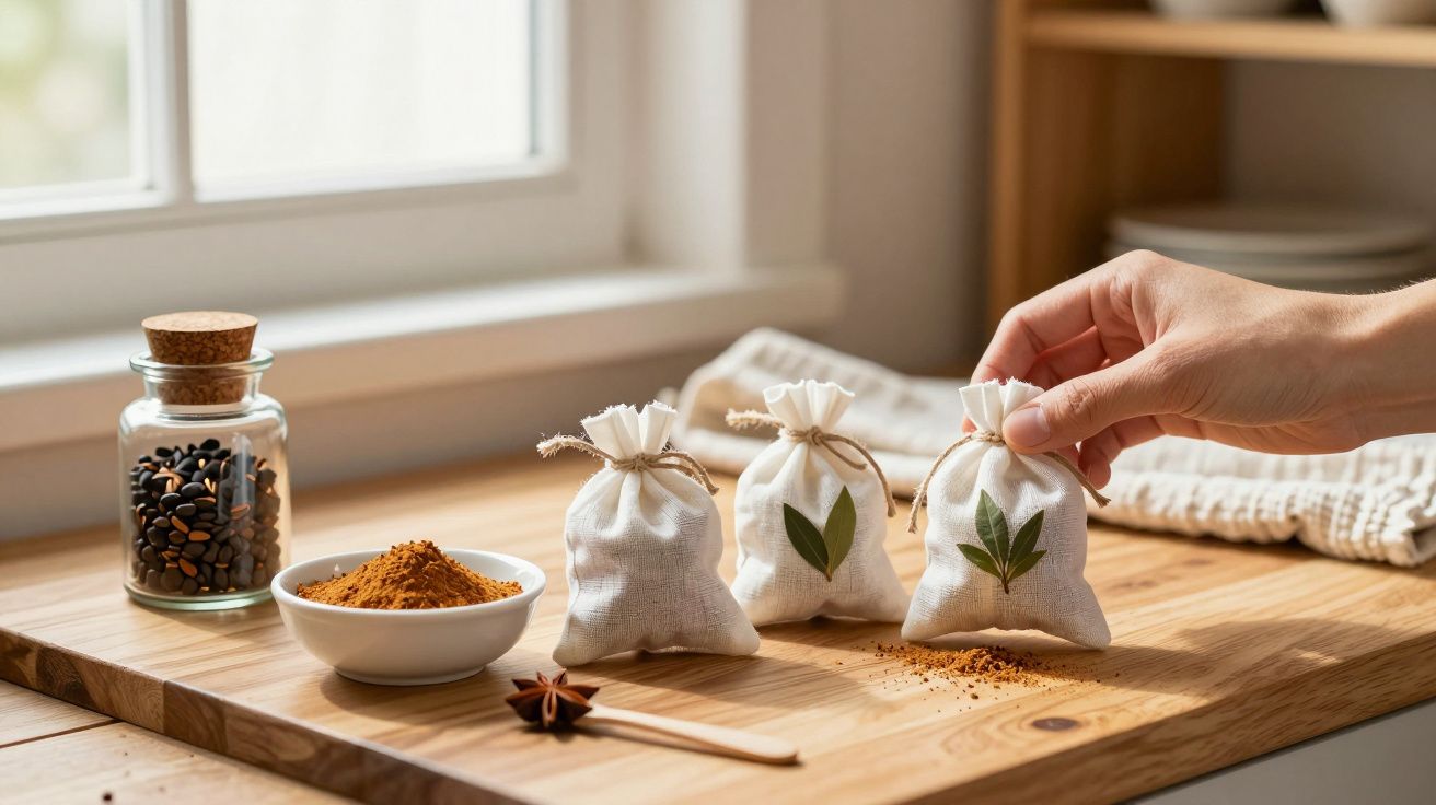 Sacos de tecido com ervas e especiarias, pote de vidro com sementes e taça de especiarias numa cozinha iluminada.