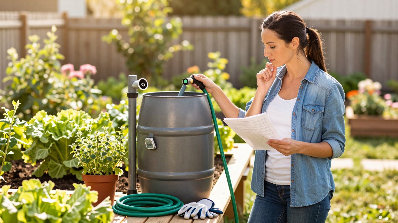Mulher de pé num jardim, segurando mangueira e papel, ao lado de barril de água e plantas em mesa.