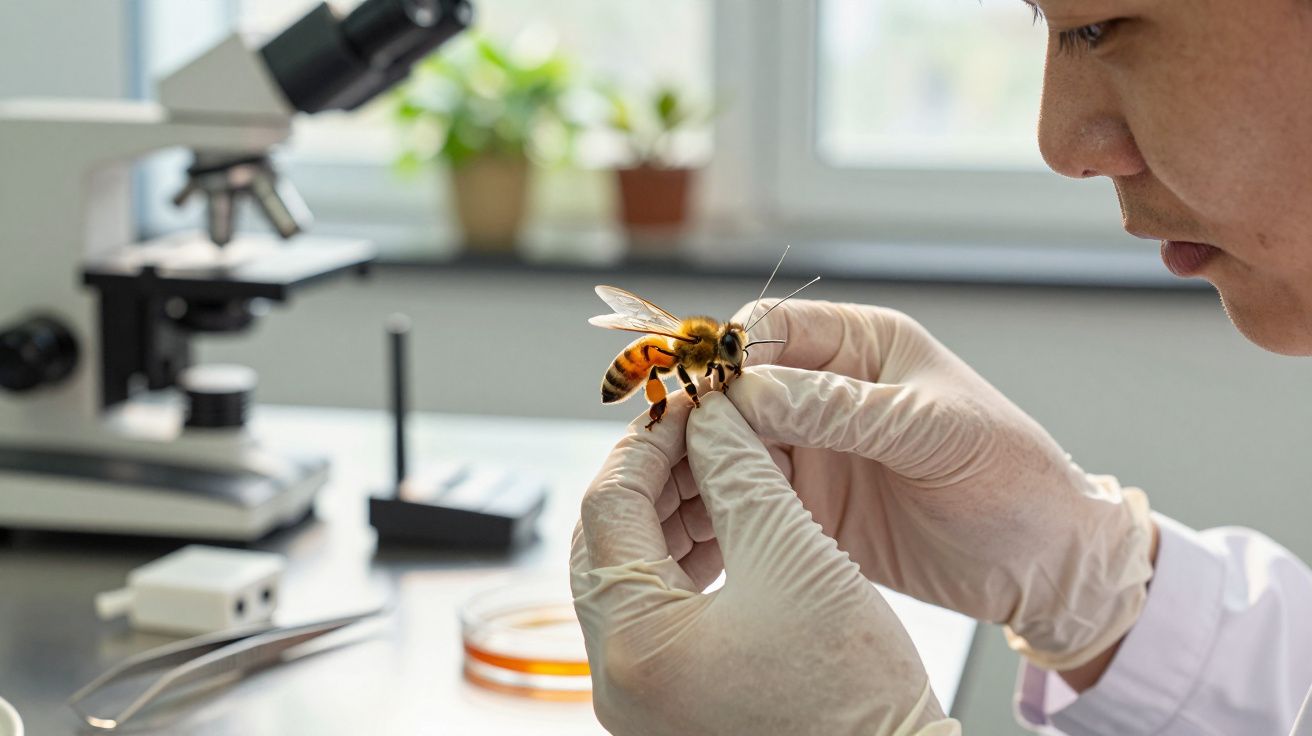 Cientista examina uma abelha com luvas na mão em laboratório, com microscópio ao fundo.