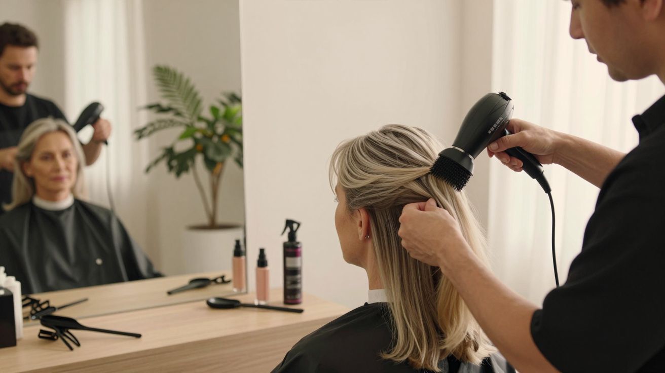 Cabeleireiro a secar cabelo de cliente com escova e secador, enquanto outra mulher aguarda no salão.