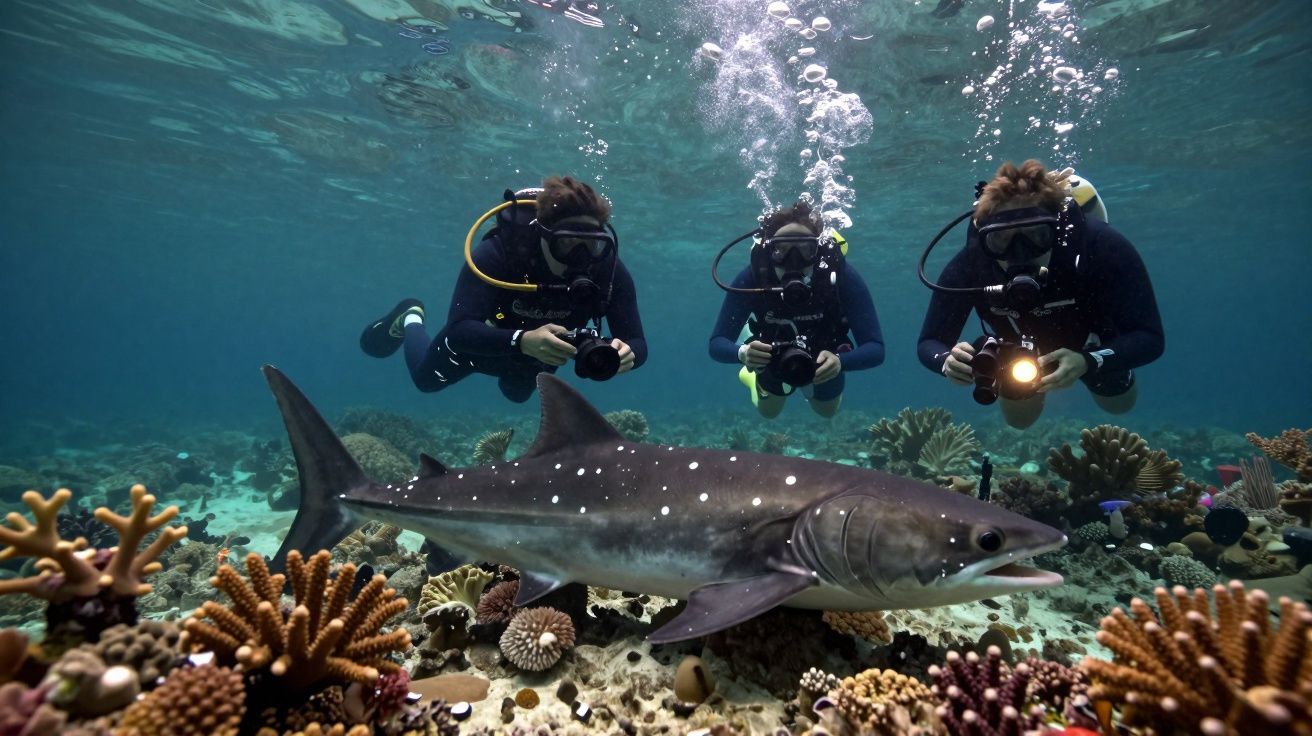 Mergulhadores observam tubarão nadando sobre recife de coral em águas cristalinas.