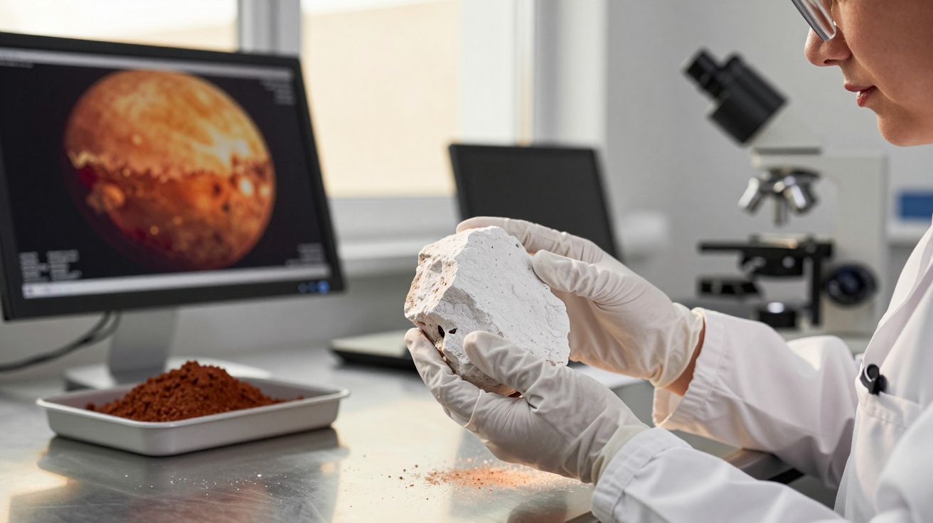 Cientista analisa rocha em laboratório, com imagem de planeta no ecrã e microscópio no fundo.
