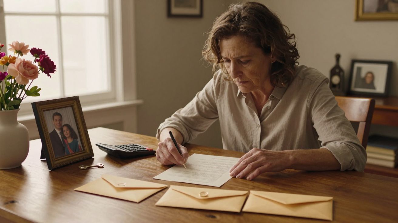 Mulher a escrever à mesa com três envelopes selados, foto de casal, e vaso de flores. Ambiente iluminado por janela.