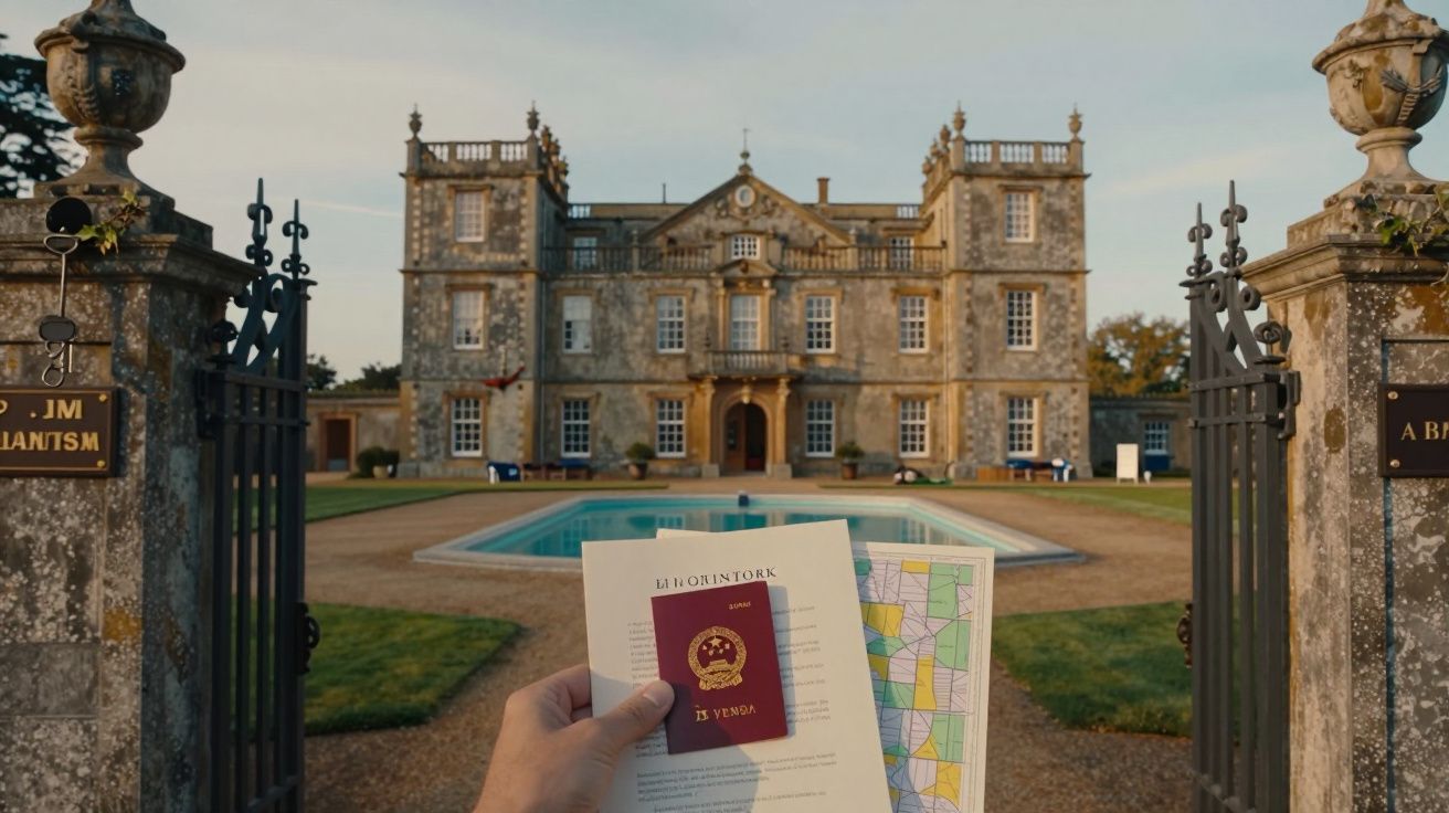 Mão segurando um passaporte e mapa em frente a uma mansão histórica com piscina no jardim.