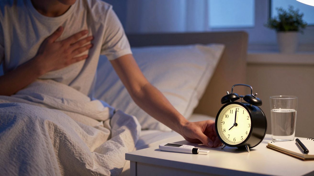 Pessoa acorda à noite, olhando para o despertador ao lado da cama, com expressão preocupada, e copo de água na mesa.