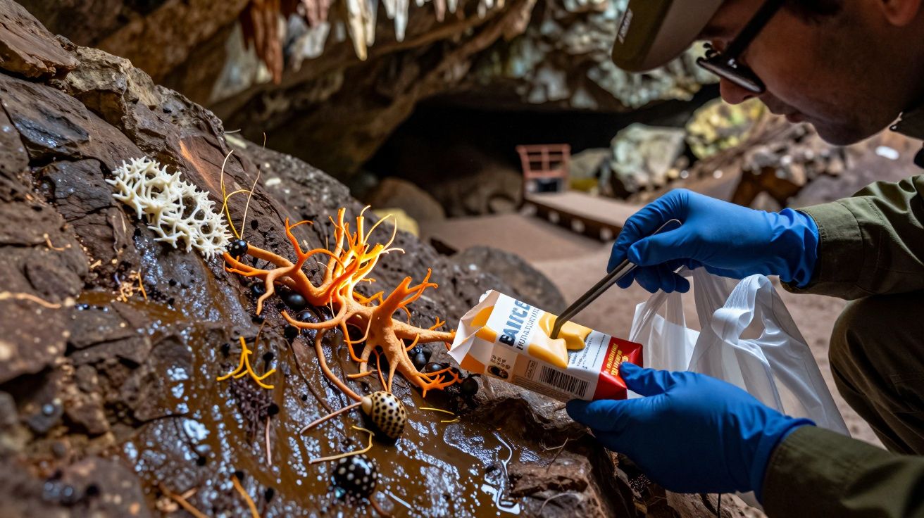 Pesquisador coleta amostras de formações orgânicas em caverna, usando luvas e ferramentas.