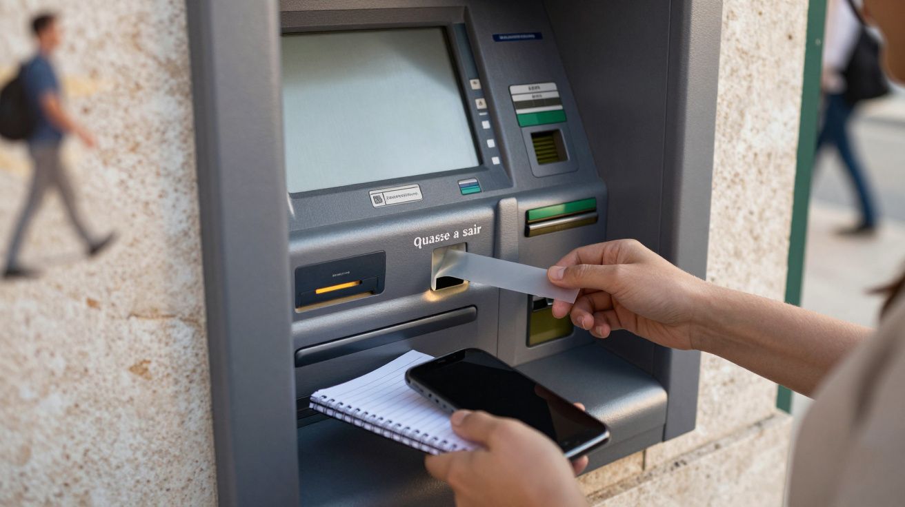 Pessoa a usar um multibanco com cartão, segurando um telemóvel e caderno.