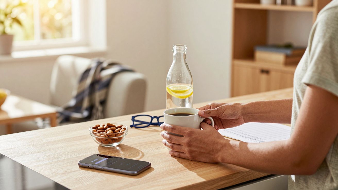Pessoa a segurar chávena de café ao lado de garrafa de água com limão, tigela de amêndoas, telemóvel e óculos sobre mesa.