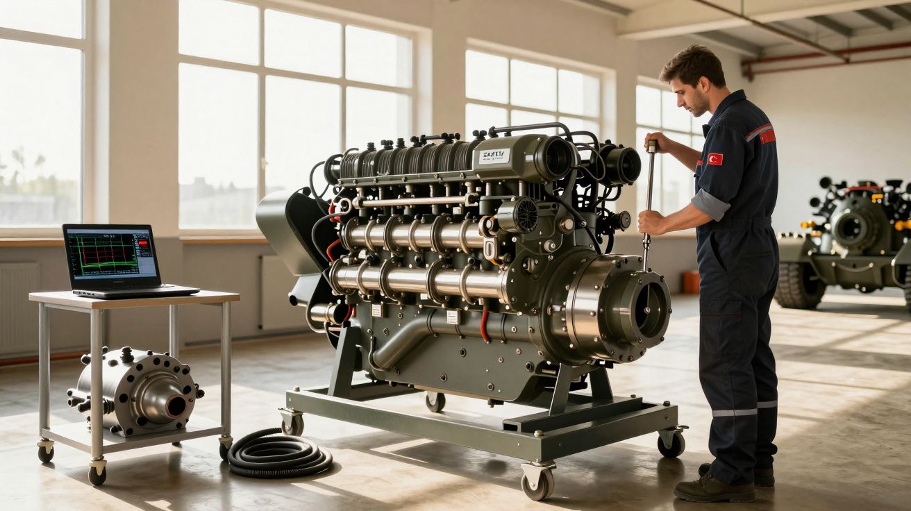 Homem trabalha num motor industrial grande, com laptop ao lado numa oficina iluminada por janelas amplas.