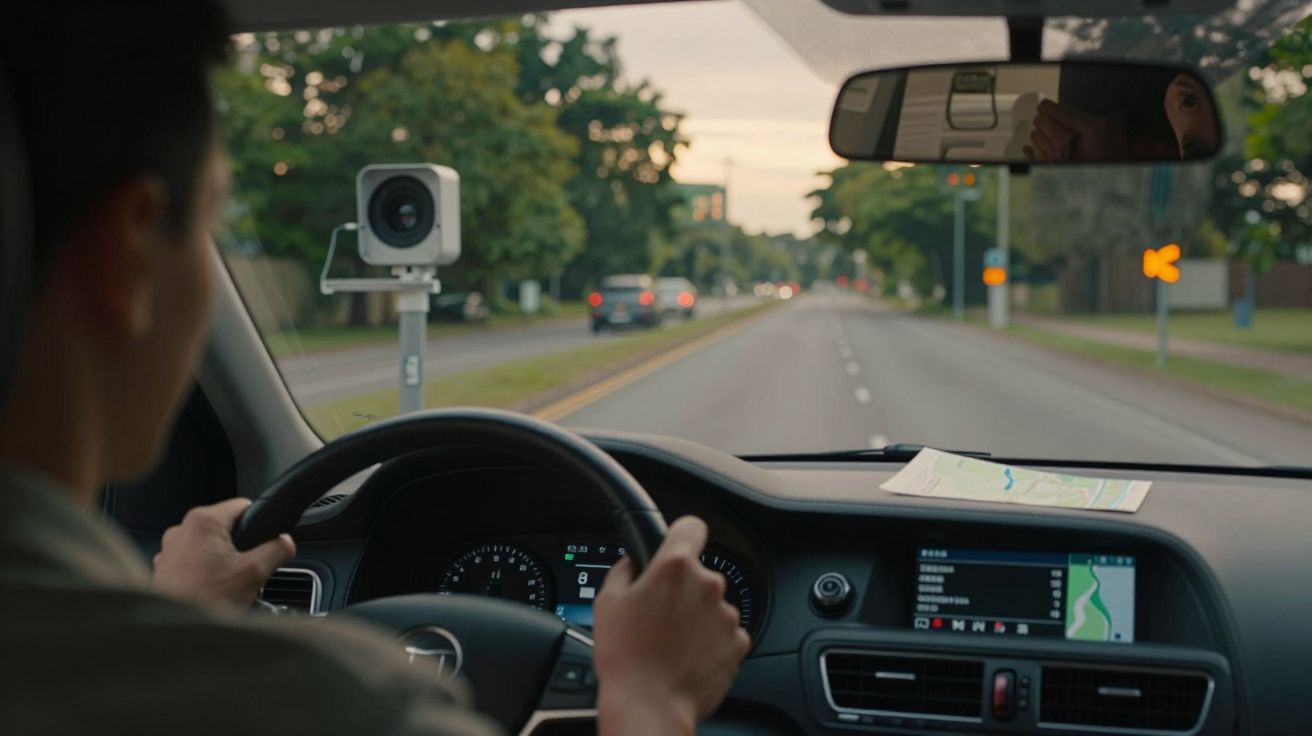 Pessoa a conduzir carro numa estrada suburbana, com mapa no tablier e câmara no para-brisas.