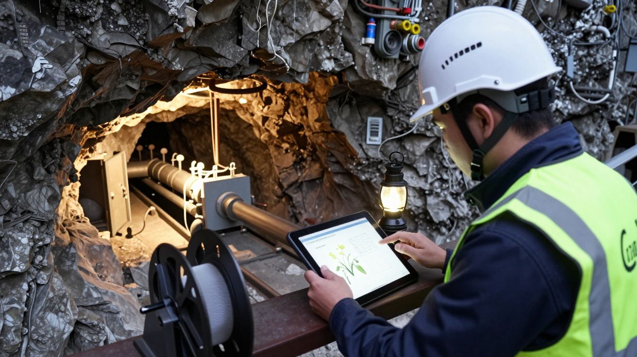 Trabalhador com capacete e colete visualiza detalhes de tubagem num tablet numa mina iluminada.