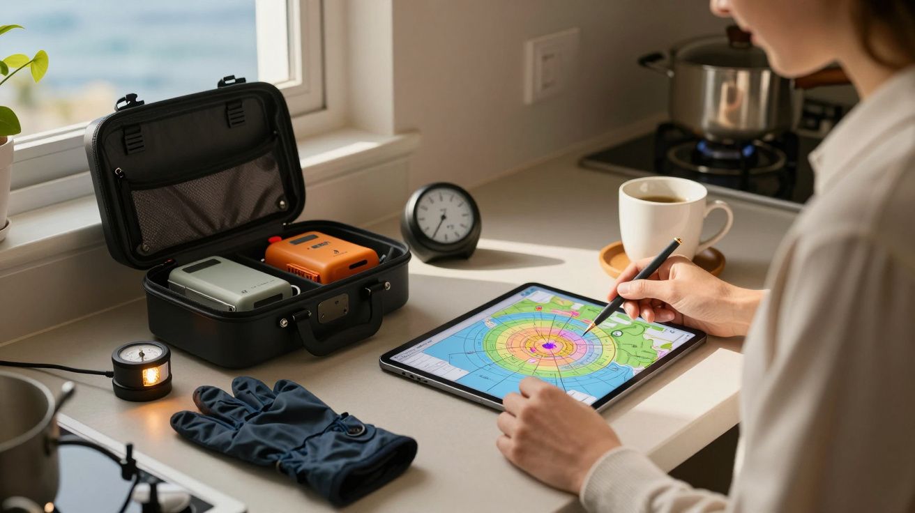 Pessoa a usar tablet com caneta num balcão de cozinha, ao lado de estojo com dispositivos e uma chávena. relógio e luvas próx