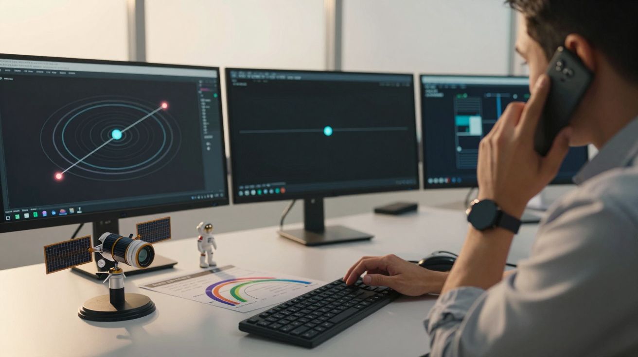 Homem ao telefone analisa gráficos espaciais em três monitores, com modelo de satélite em destaque na mesa.