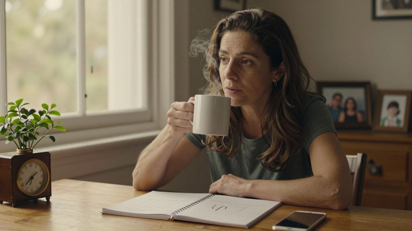 Mulher pensativa bebe chá ao lado de um caderno e telemóvel sobre a mesa.