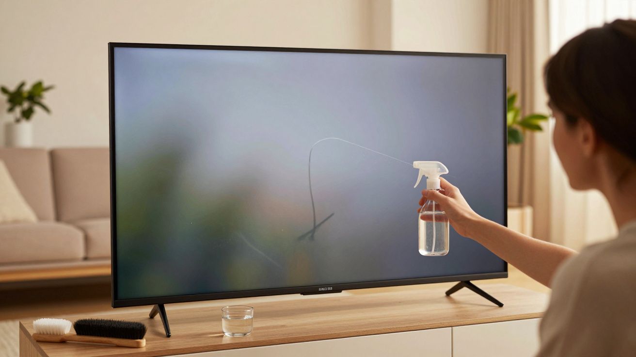 Pessoa a limpar ecrã de televisão com spray e pano, numa sala de estar com sofá e cortina ao fundo.