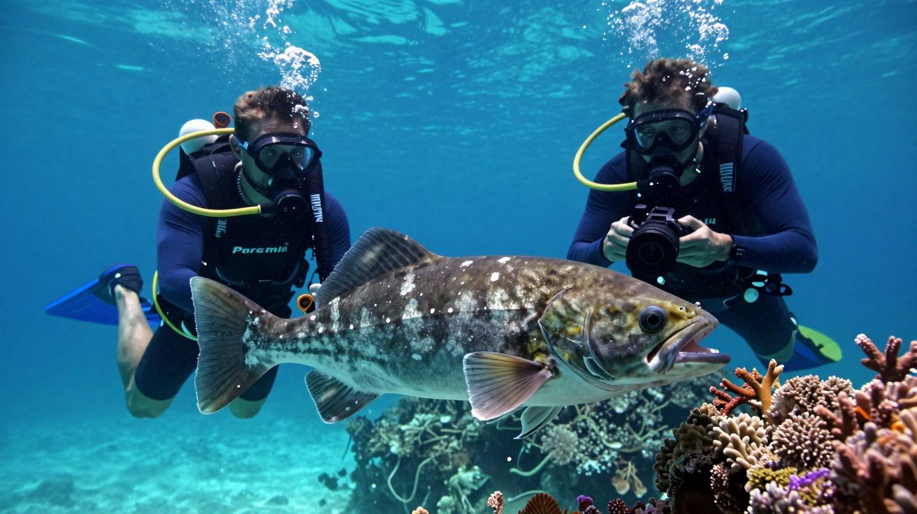 Dois mergulhadores tiram fotos de um grande peixe junto a um recife de coral em águas claras.