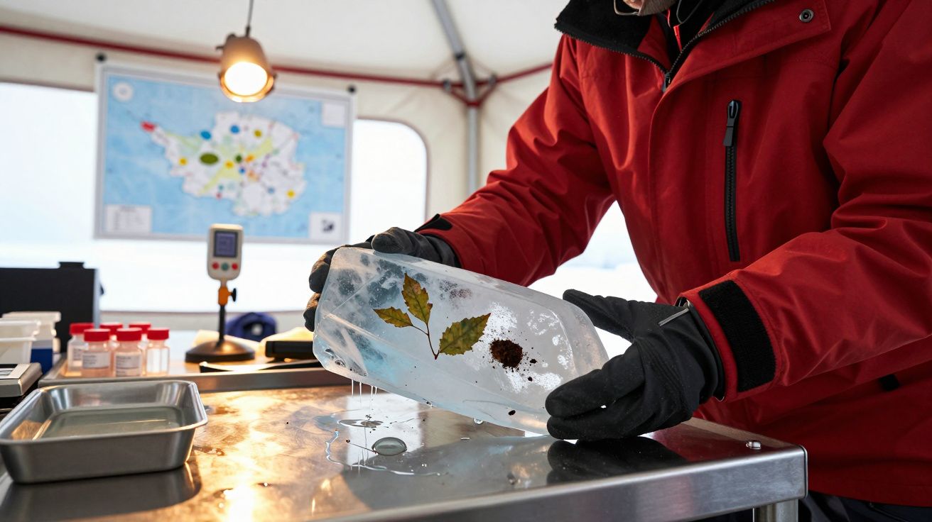 Cientista em casaco vermelho segura bloco de gelo com folhas dentro, sobre mesa de metal em laboratório.