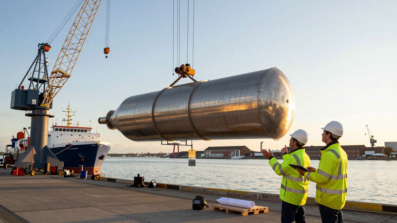 Dois trabalhadores observam um grande cilindro metálico a ser içado por um guindaste num porto.