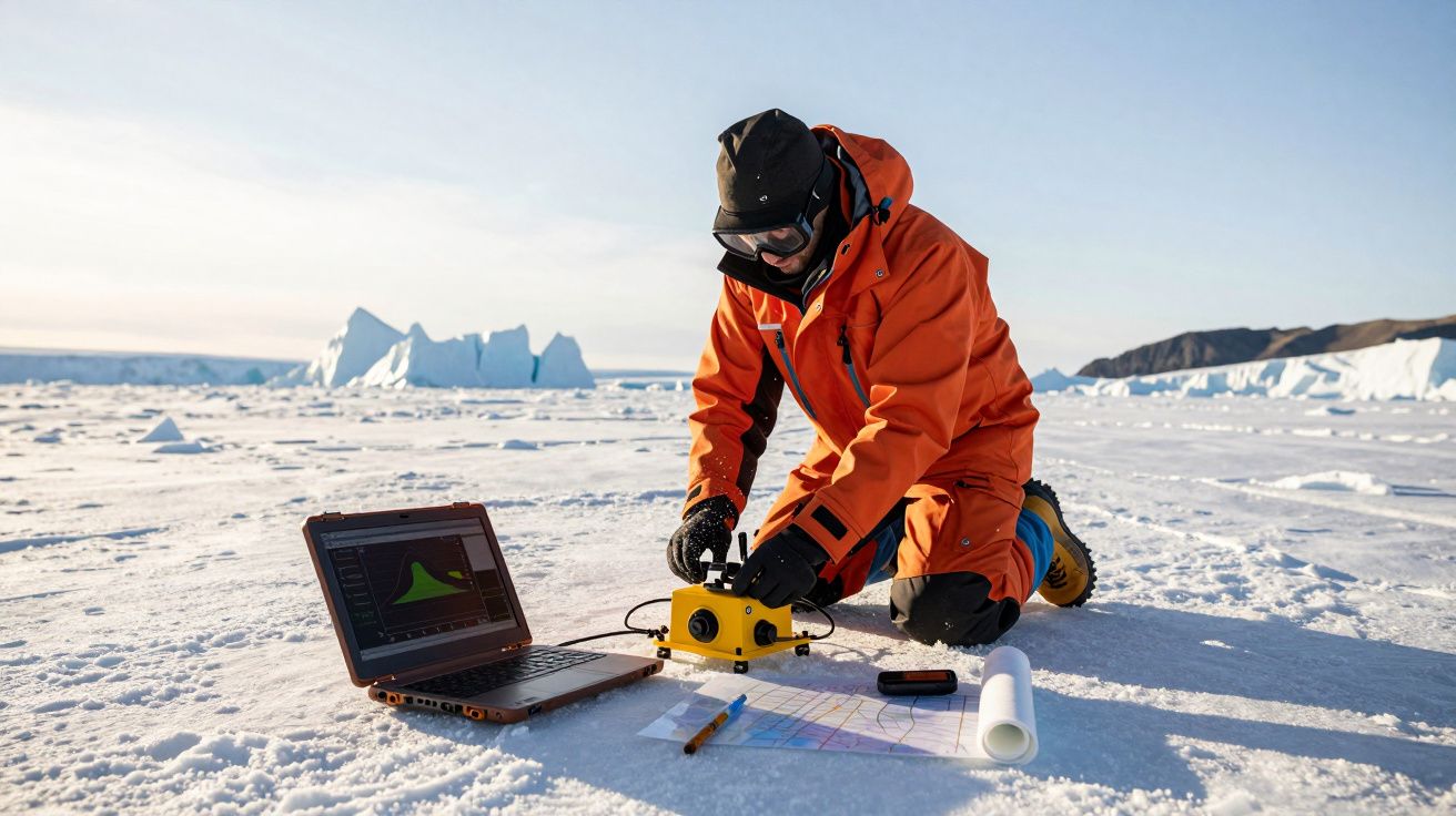 Investigador polar de casaco laranja trabalha em equipamento de medição no gelo, com portátil e mapa ao lado.